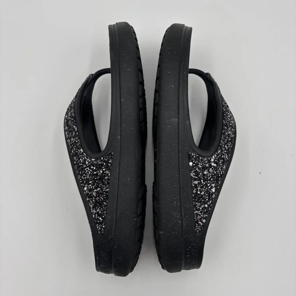 CROCS Sloane Sandals Womens 9 Glitter Wedge Flip Flops Slip On Black